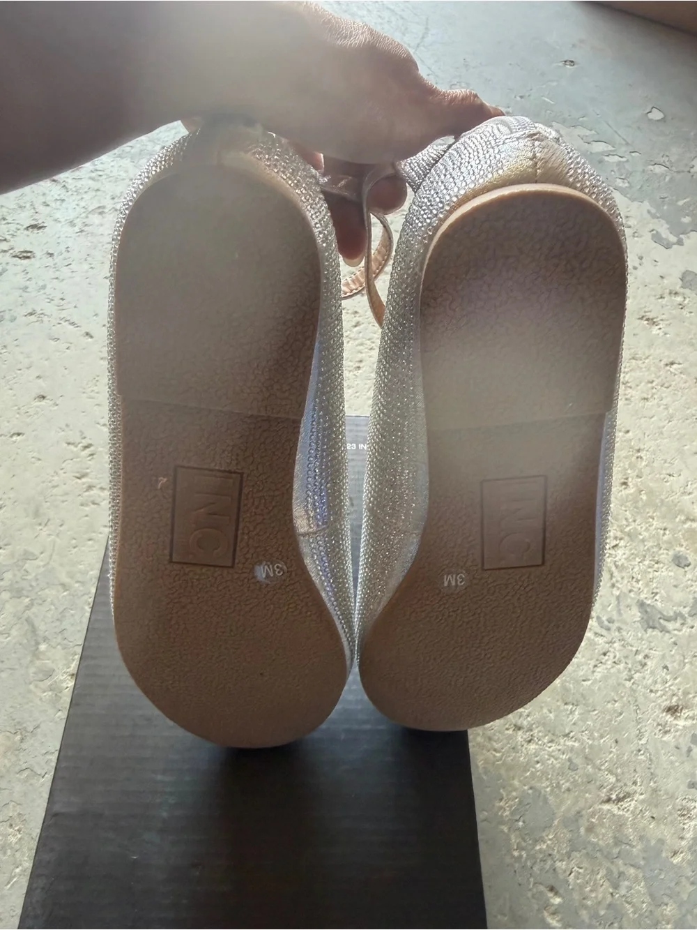 “New” INC Sparkling Silver Ankle-Strap Ballet Flats size3